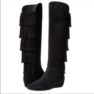 Isola hidden wedge suede fringed black boots